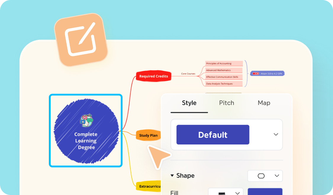 A mind map template being customized in Xmind with style, pitch, and map view options