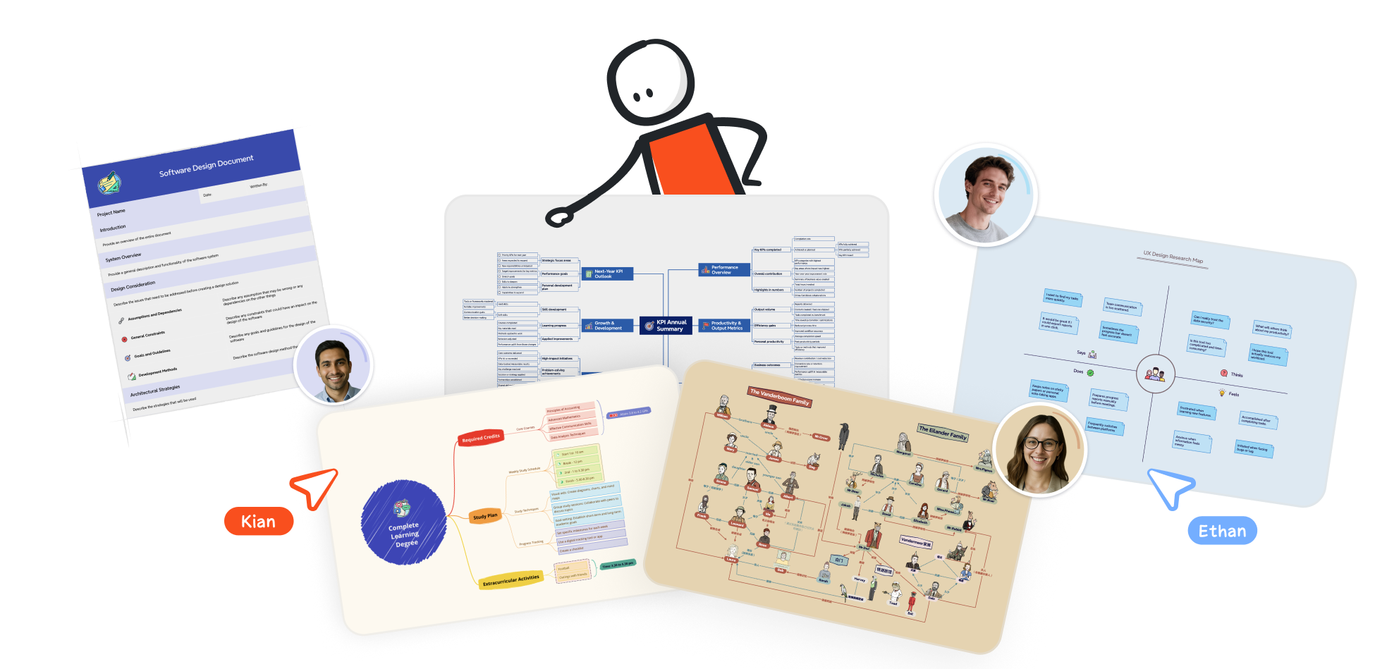Xmind Template Marketplace launch visual showing a variety of templates including mind maps, flowcharts, and documents, with collaborative cursors from multiple users