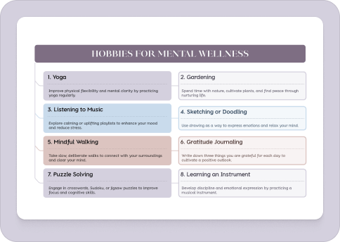 Choose this template 'Hobbies for Mental Wellness', input your ideas, and get your mind map template with one click.