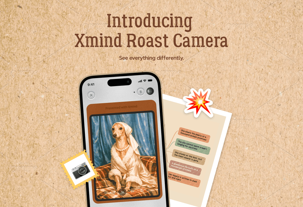 Xmind April Fools banner introducing Roast Camera feature on a phone