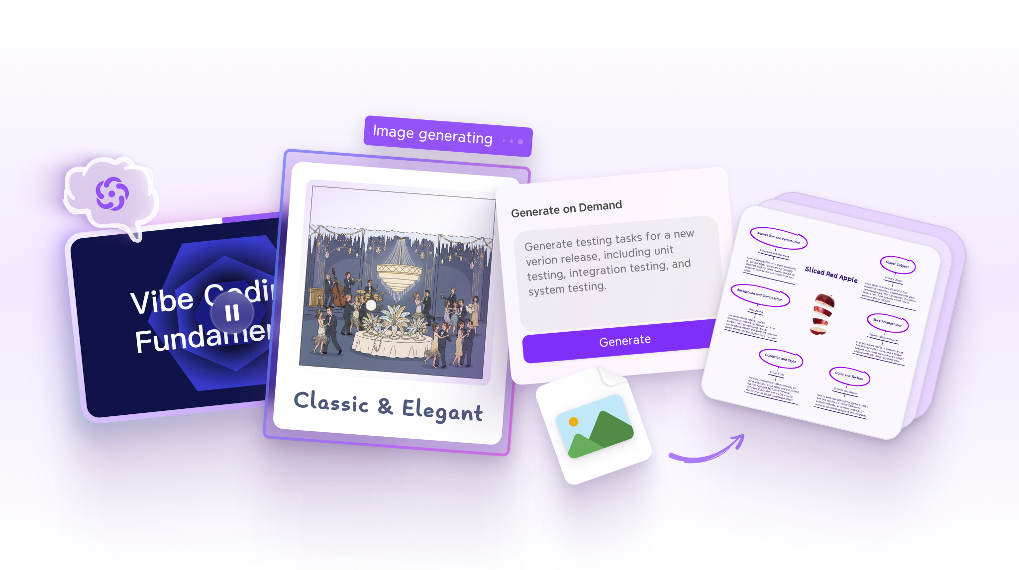  13:31 Three Xmind AI features shown together: a pitch video being generated, an AI-illustrated image in Classic & Elegant style, and an image being converted into an editable mind map