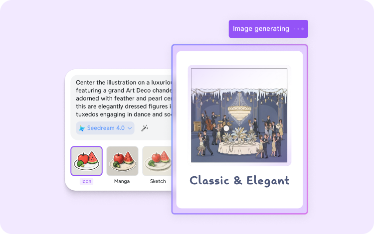 Xmind AI generating a classic and elegant illustration from a topic prompt, with style options including Icon, Manga, and Sketch