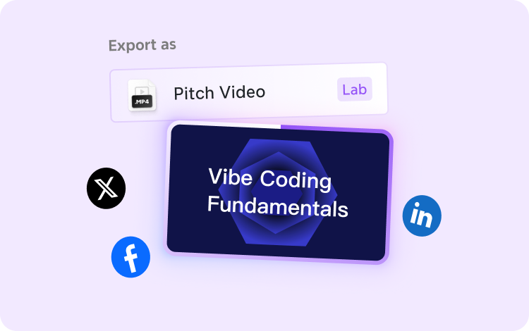 A Xmind mind map exported as a Pitch Video, shown being shared on social media platforms including X, Facebook, and LinkedIn