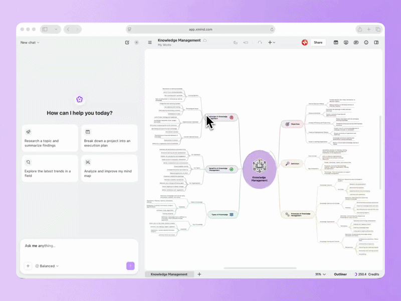Xmind AI: Ask, refine, and build on your mind map in one flow. Xmind AI helps you expand ideas, summarize branches, and reorganize content, right where your map is.