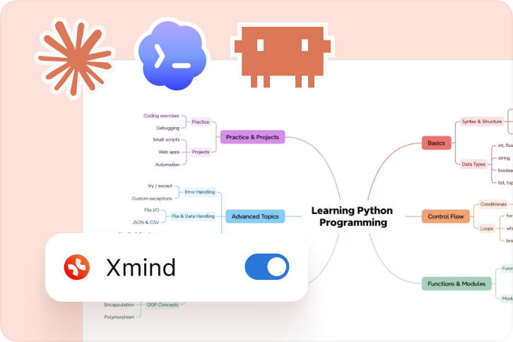 With Xmind MCP, your AI tools can work with mind maps, helping you create, update, and organize thinking within your AI workspace.